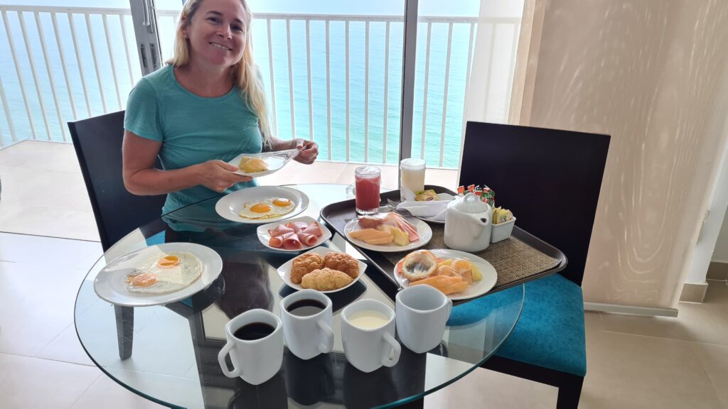 Enjoying hotel breakfast in our room