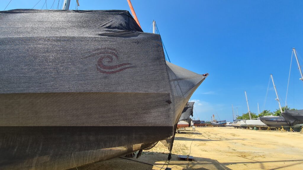 Barbarella wating in the heat and dust of the Cartagena shipyard