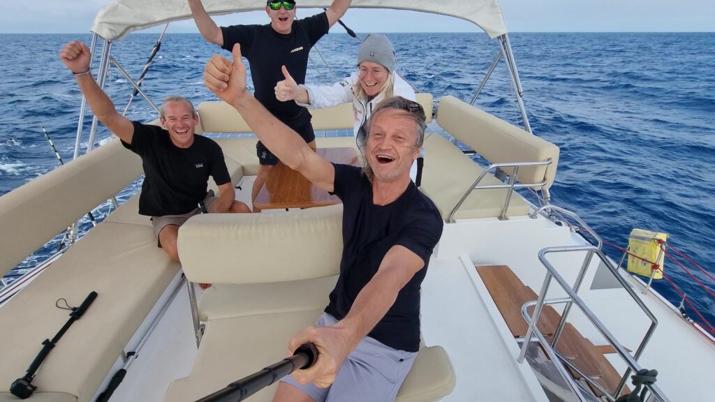 Day 16: Celebrating our second crossing of the equator during this passage. During the first equator crossing 3 crew were asleep and the helmsperson did not realize that we crossed the equator. Seems like Neptune did not mind