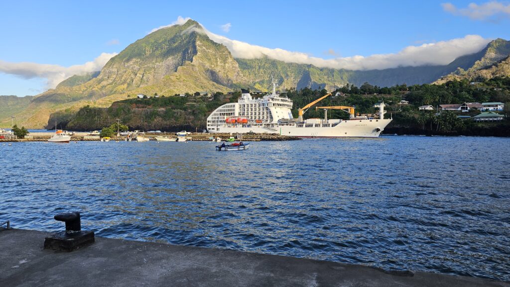 The Aranui 5 - a dual passenger/cargo ship - which serves the Marquesas twice a month arrives