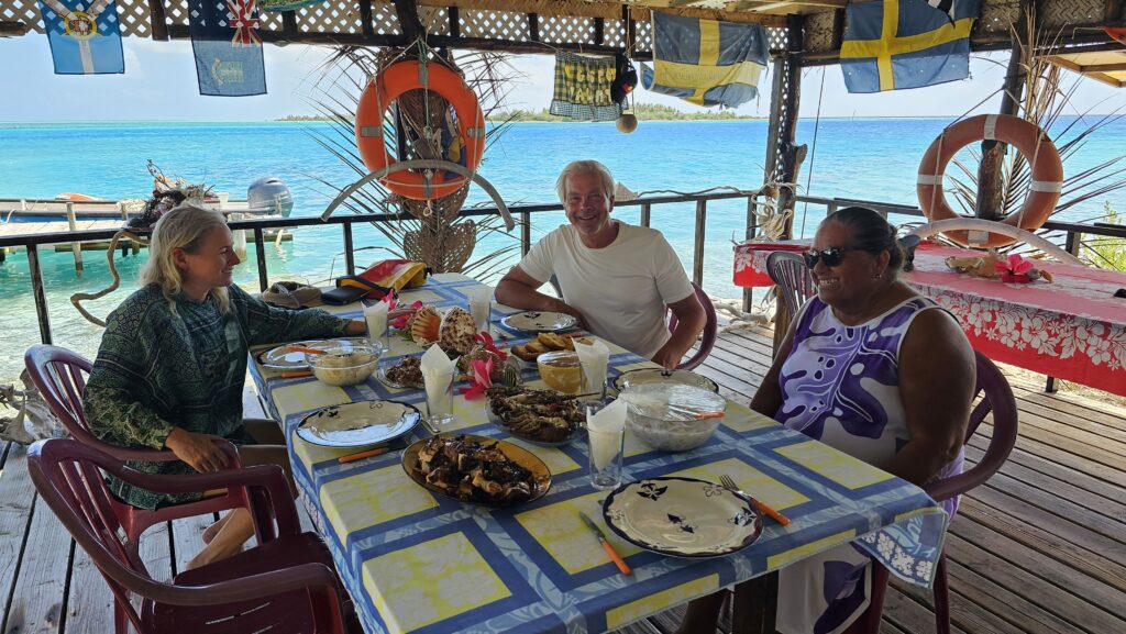 Enjoying the hospitality of Valentine and Gaston at Anse Amyot, in Toau