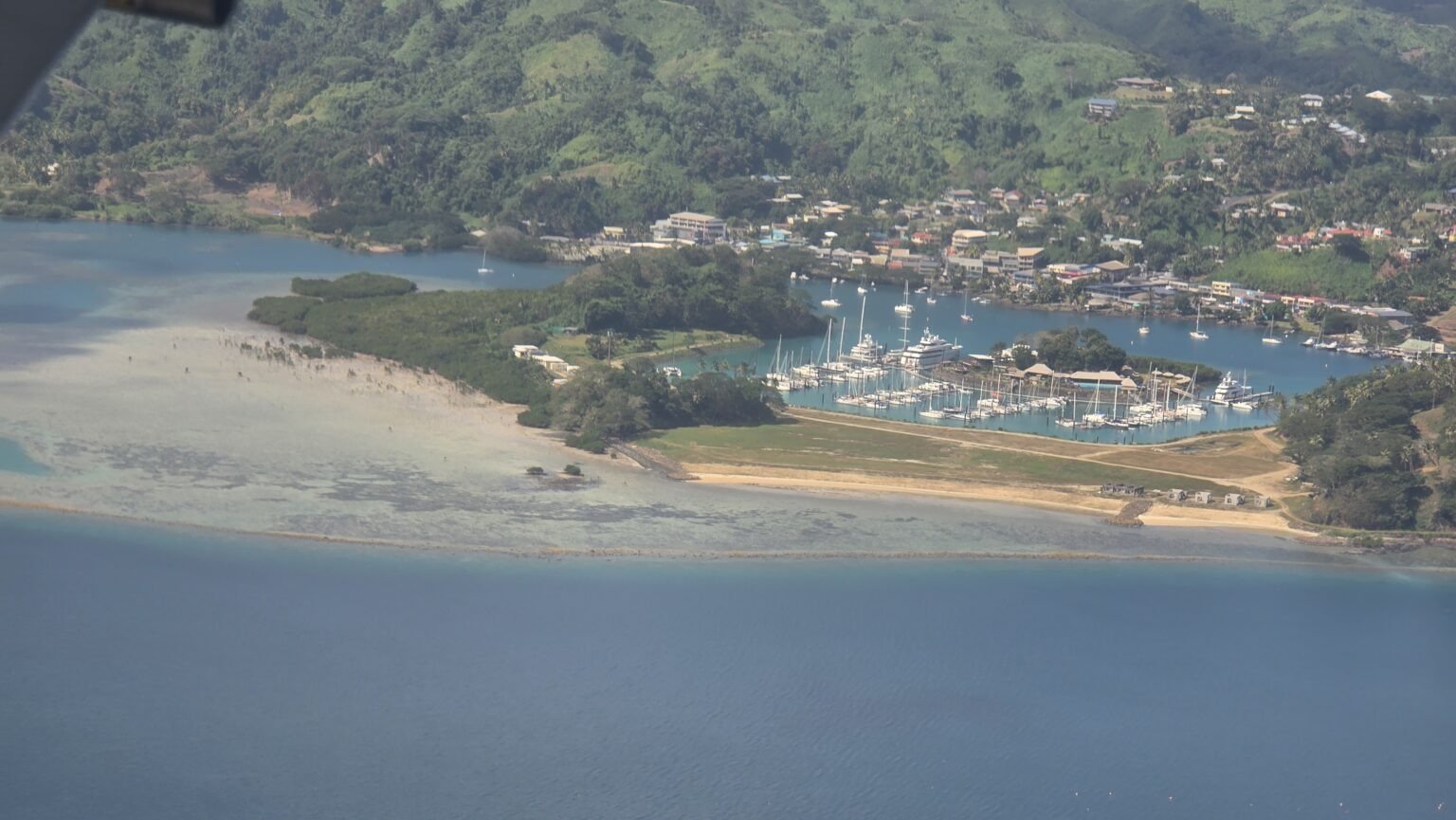 Flying into Savusavu, right above Nawi Marina